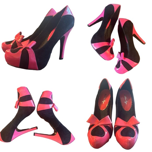 Bettie Page NEW Black Velvet Pink Patent Bijou Dress Pump Stiletto Heels Size 8 - Picture 1 of 13